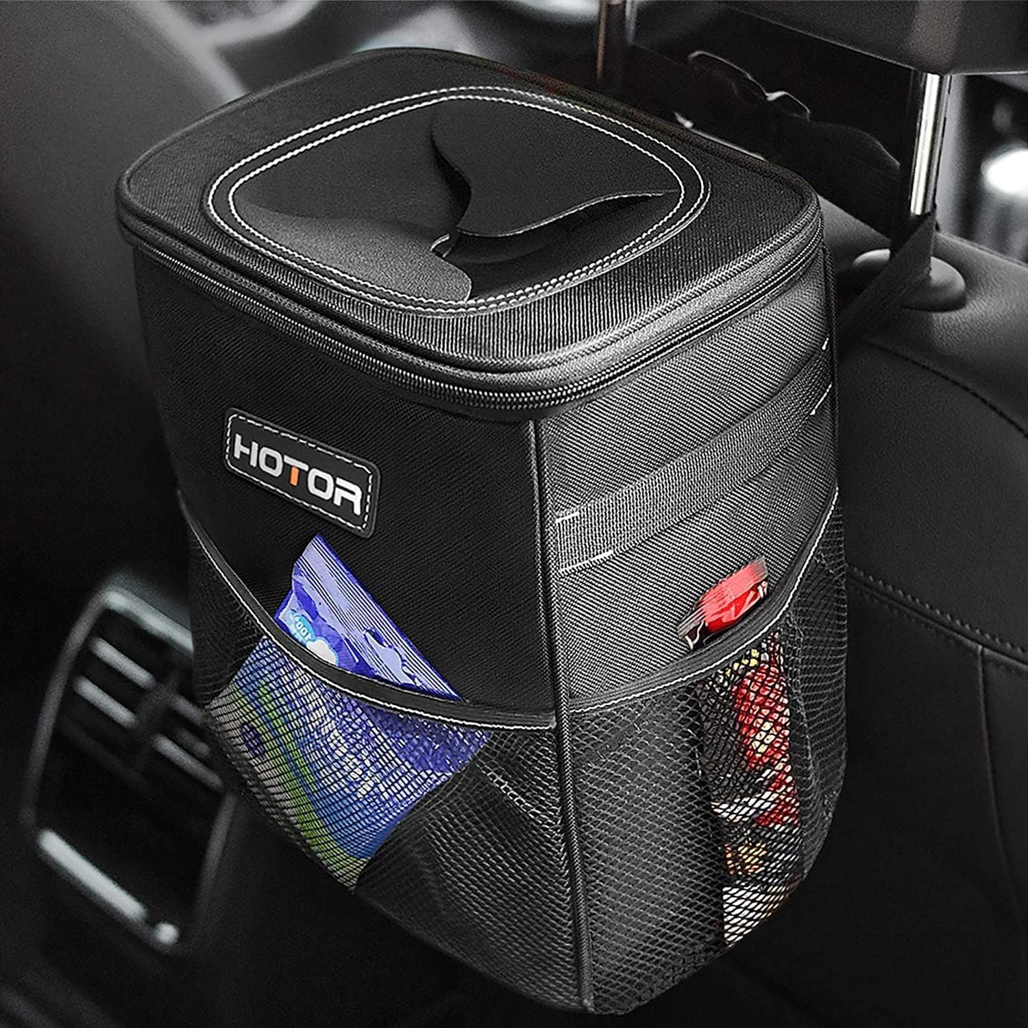HOTOR Car Trash Can with Lid and Storage Pockets - 100% Leak-Proof Organizer, Wa...