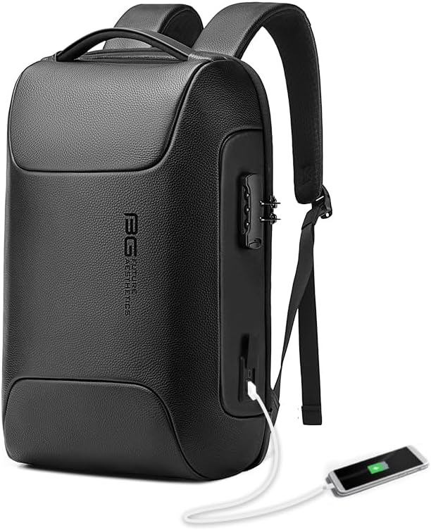 BANGE Black Genuine Leather Laptop Backpack for Men，Anti Theft Business Backpac...