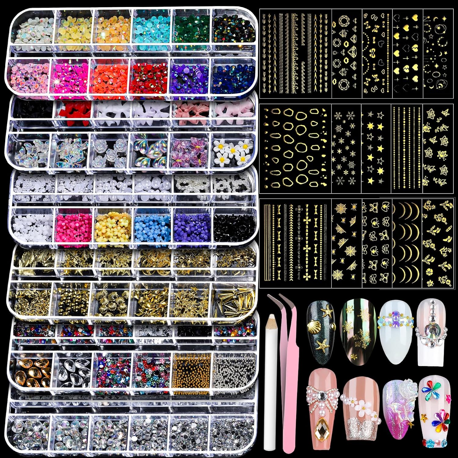 Teenitor Nail Charms Nail Art Kit with 15 Sheets Gold Nail Stickers, 6 Boxes of...