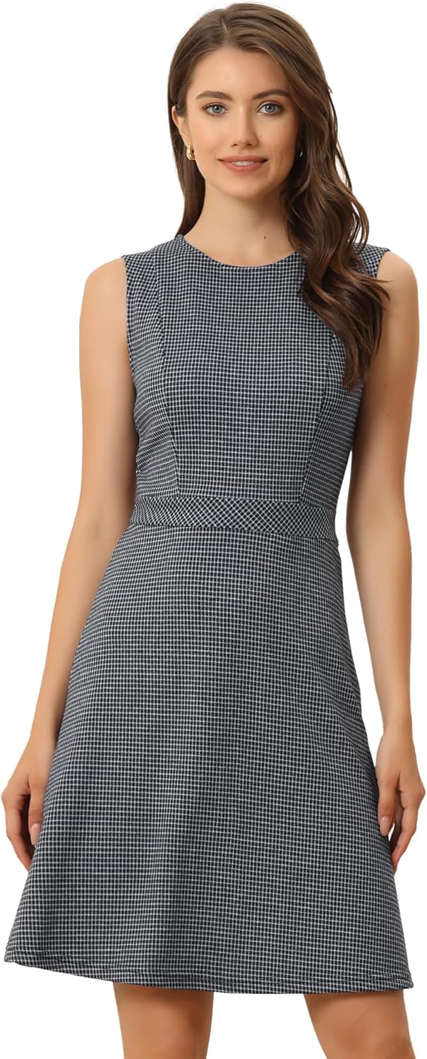 Allegra K Women's Plaid Dress Sleeveless Fit and Flare Houndstooth Work Dresses...