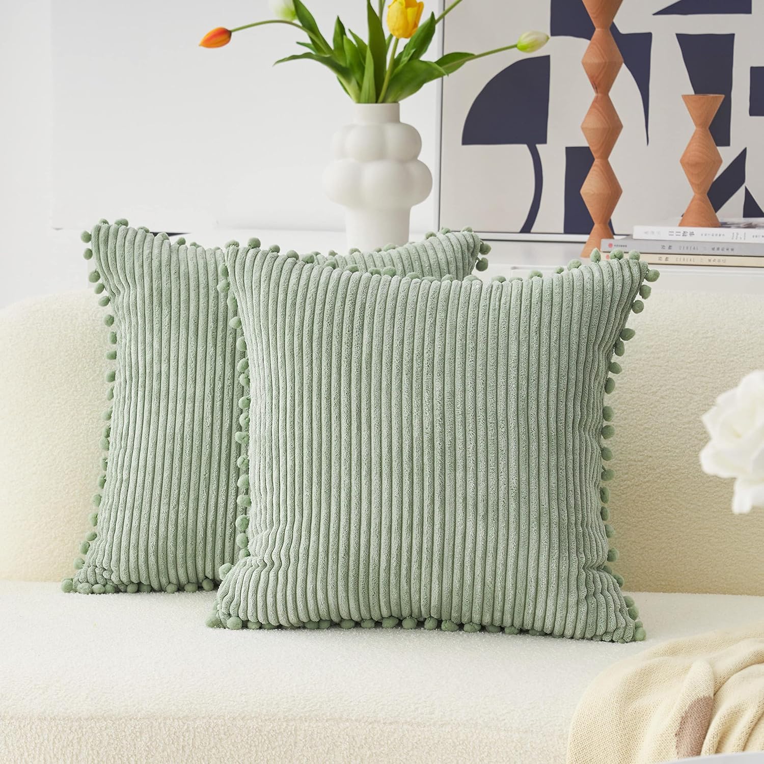 Home Brilliant Pom-poms Cushion Cover Set of 2 Soft Corduroy Cushions Decorative...