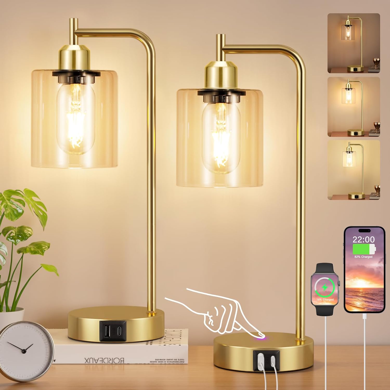 Aooshine Industrial Touch Lamps Set of 2, Gold Bedside Lamps Set of 2 with Glass...