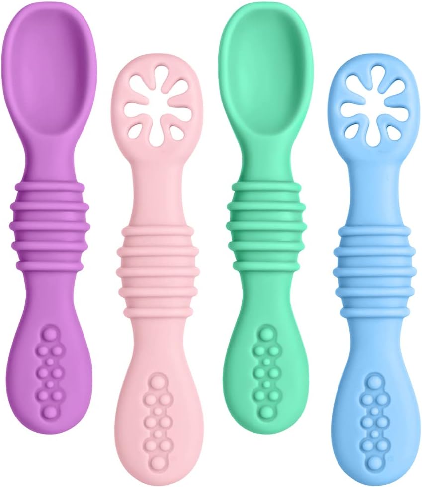 Vicloon Baby Fork and Spoon, 4Pcs Silicone Baby Weaning Spoon Set Self Feeding U...