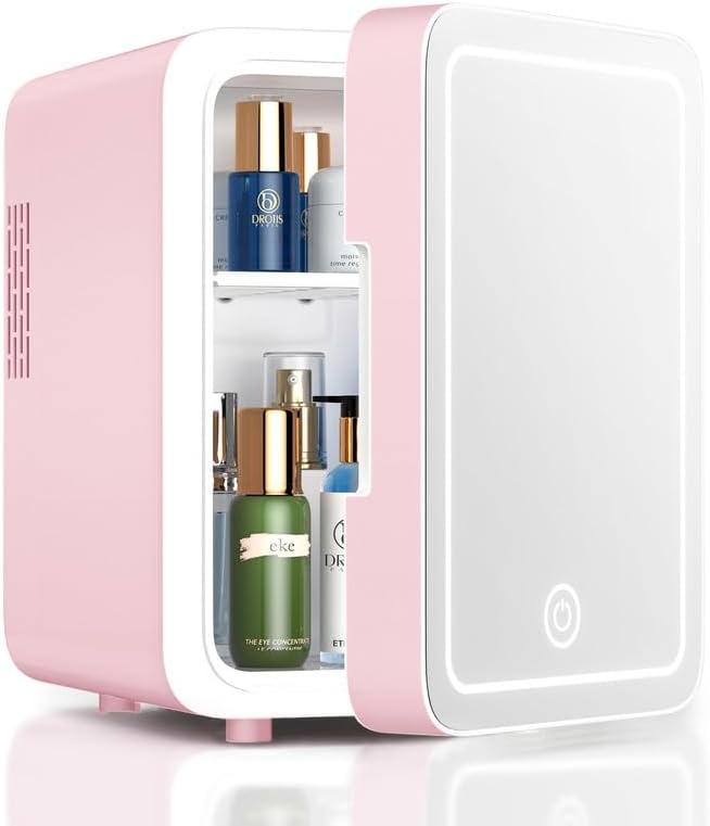 Skincare Fridge With Dimmable LED Light Mirror, 4L Makeup Mini Fridge for Bedroo...