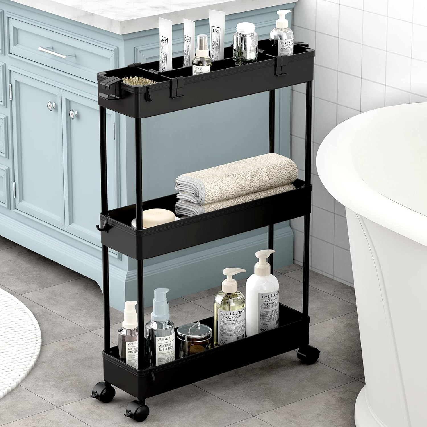 SPACELEAD Slim Storage Cart 3 Tier,Bathroom Organizer Rolling Utility,Mobile She...