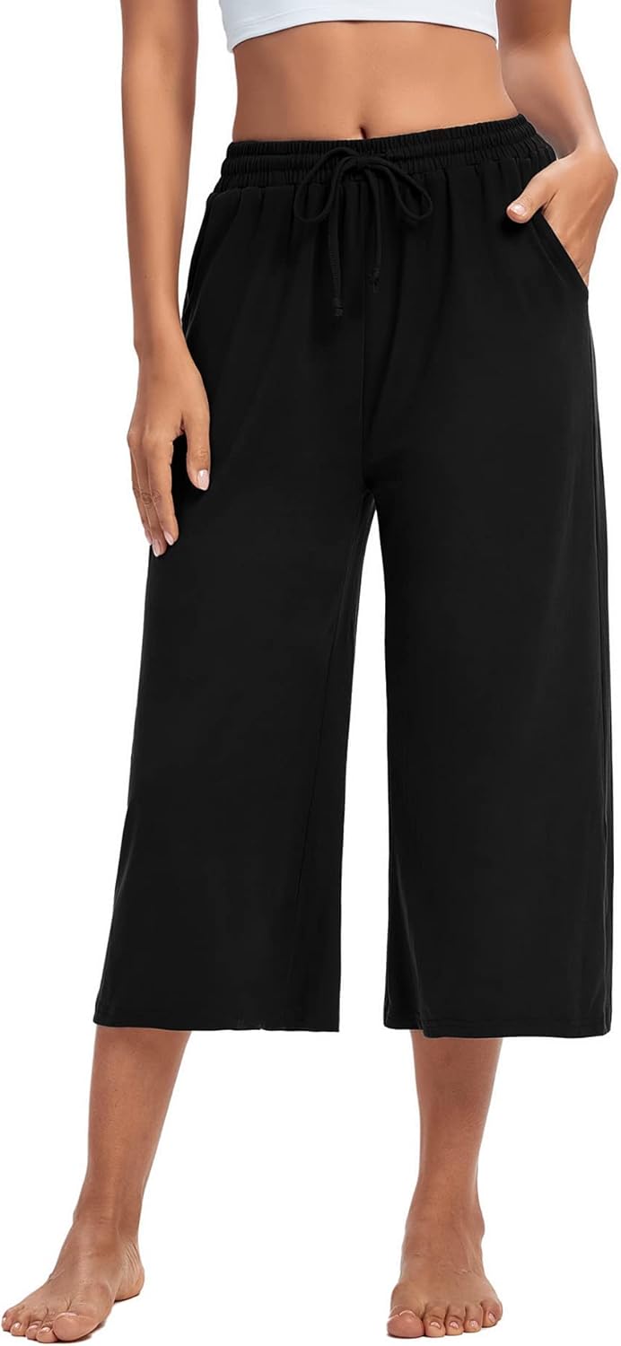 ASIMOON Womens Capri Yoga Pants Wide Leg Drawstring Lounge Pants Loose Comfy Wor...
