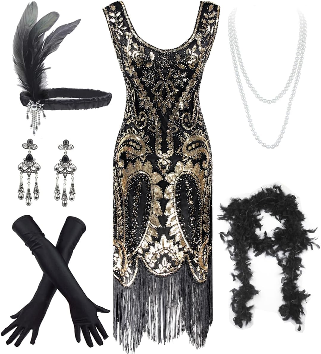 Women's Vintage 1920s Sequin Beaded Tassels Hem Flapper Dress w/Accessories Set...
