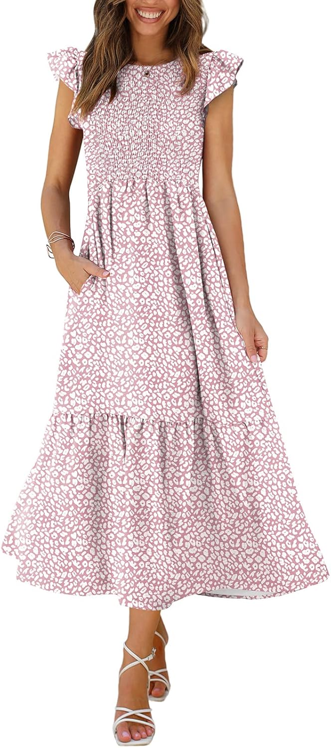 OFEEFAN Women's Casual Maxi Dresses with Pockets Ruffle Sleeve Smocked Dress XS-...