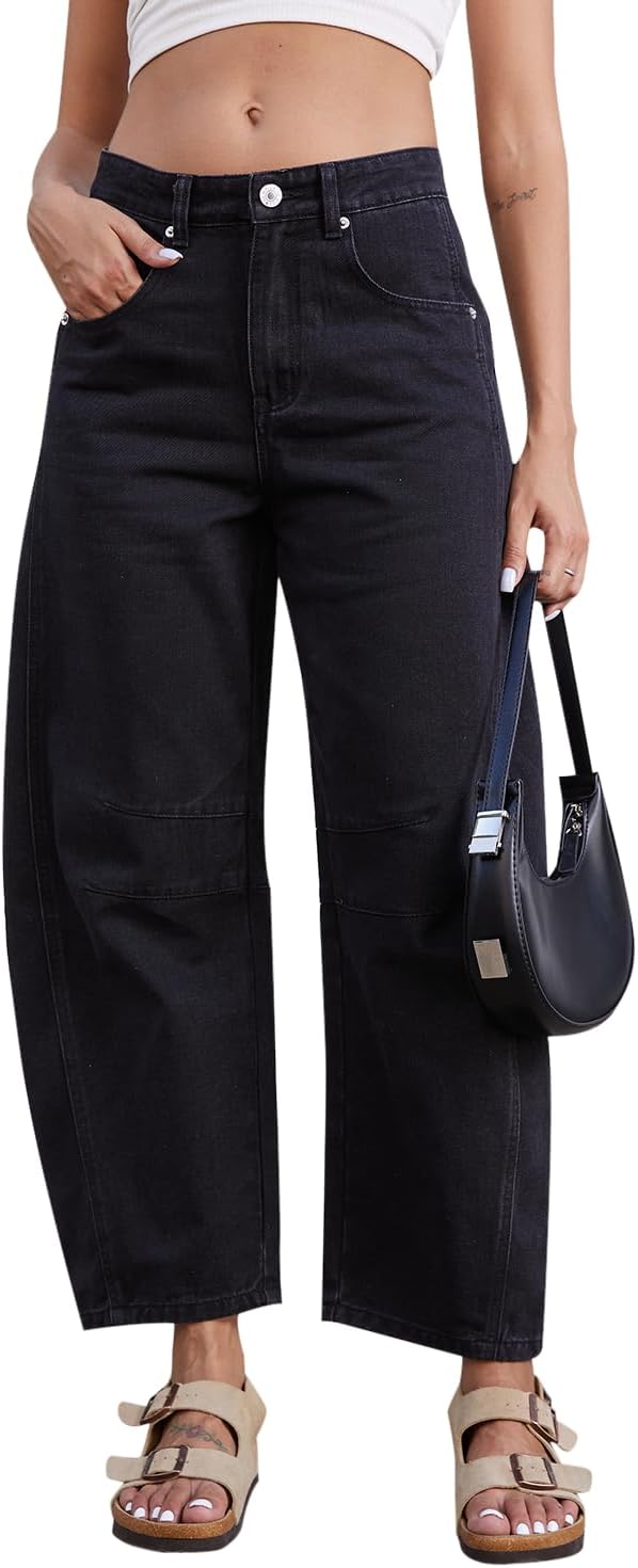 Mid Rise Barrel Jeans for Women Wide Leg Mid Waist Cropped Denim Pants Y2k Baggy...