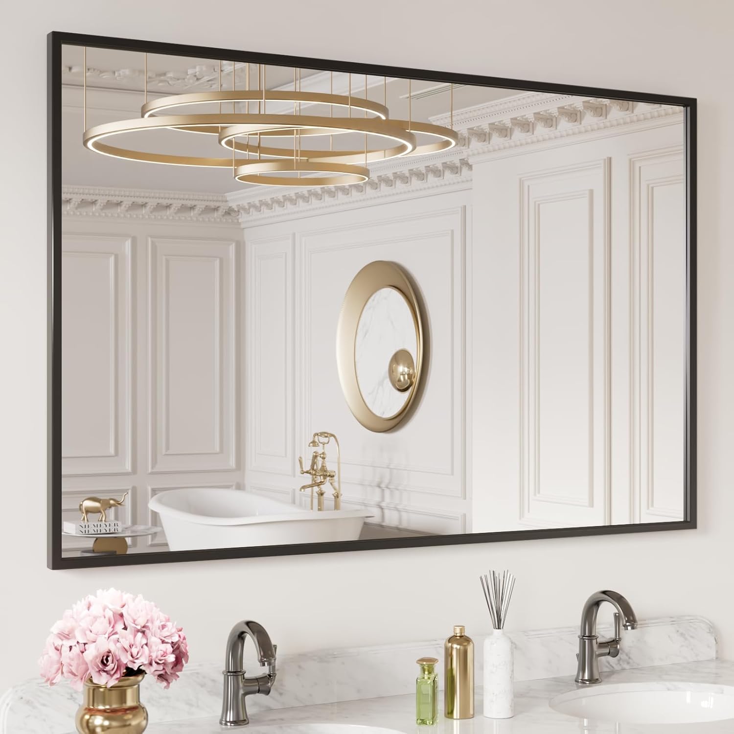 LOAAO 40"X30" Black Rectangle Bathroom Mirror Wall, Matte Black Aluminum Alloy F...