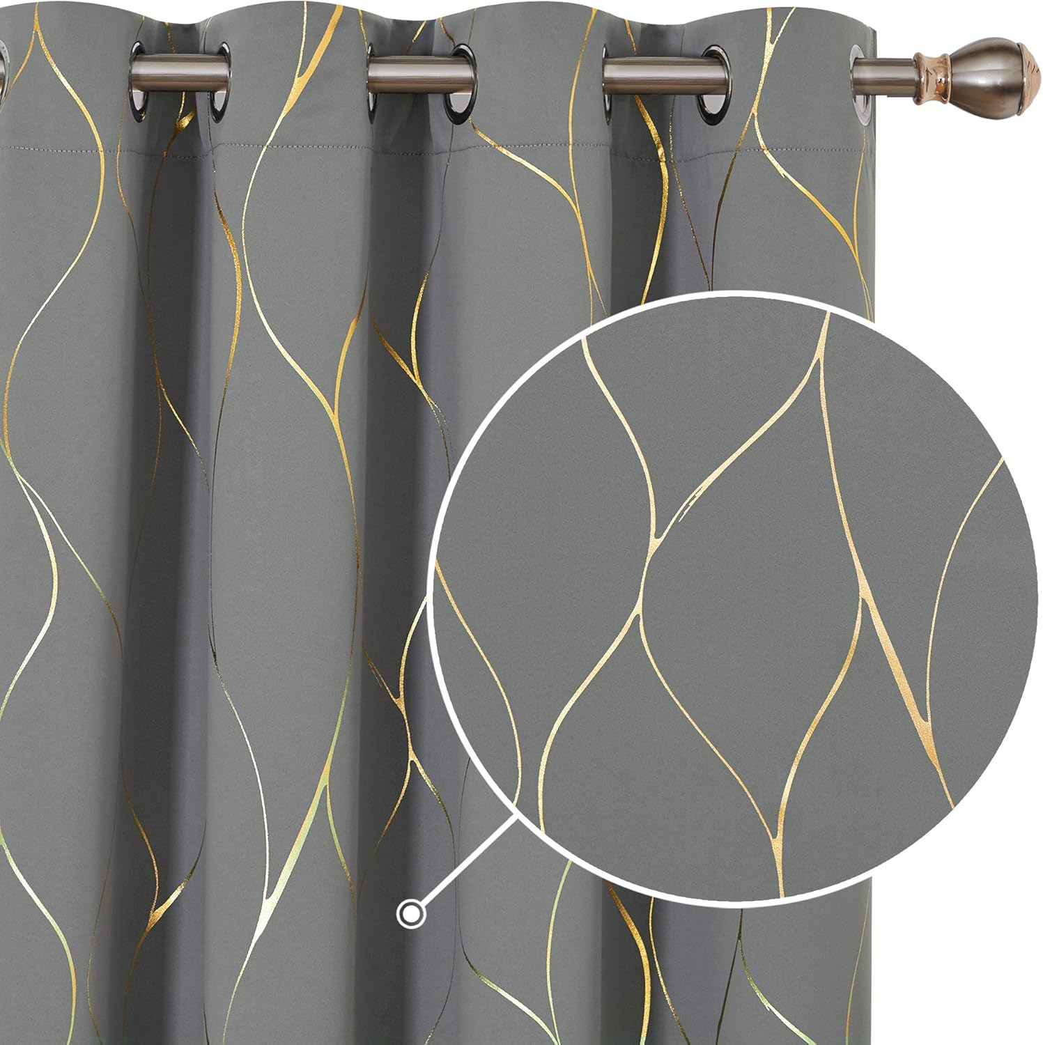 Deconovo Grey Curtains Eyelet Blackout Curtains, Gold Wave Foil Printed Curtains...