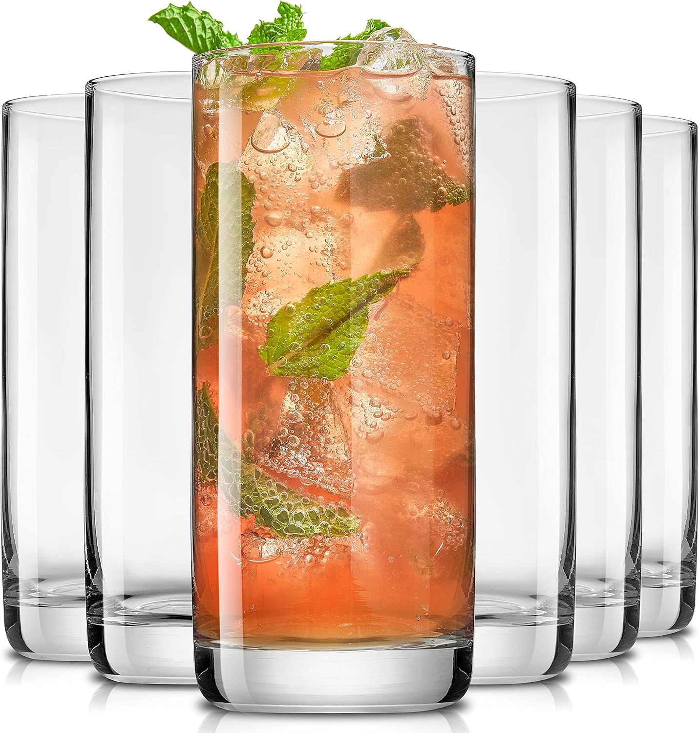 JoyJolt Faye 13oz Highball Glasses, 6pc Tall Glass Sets. Lead-Free Crystal Drink...