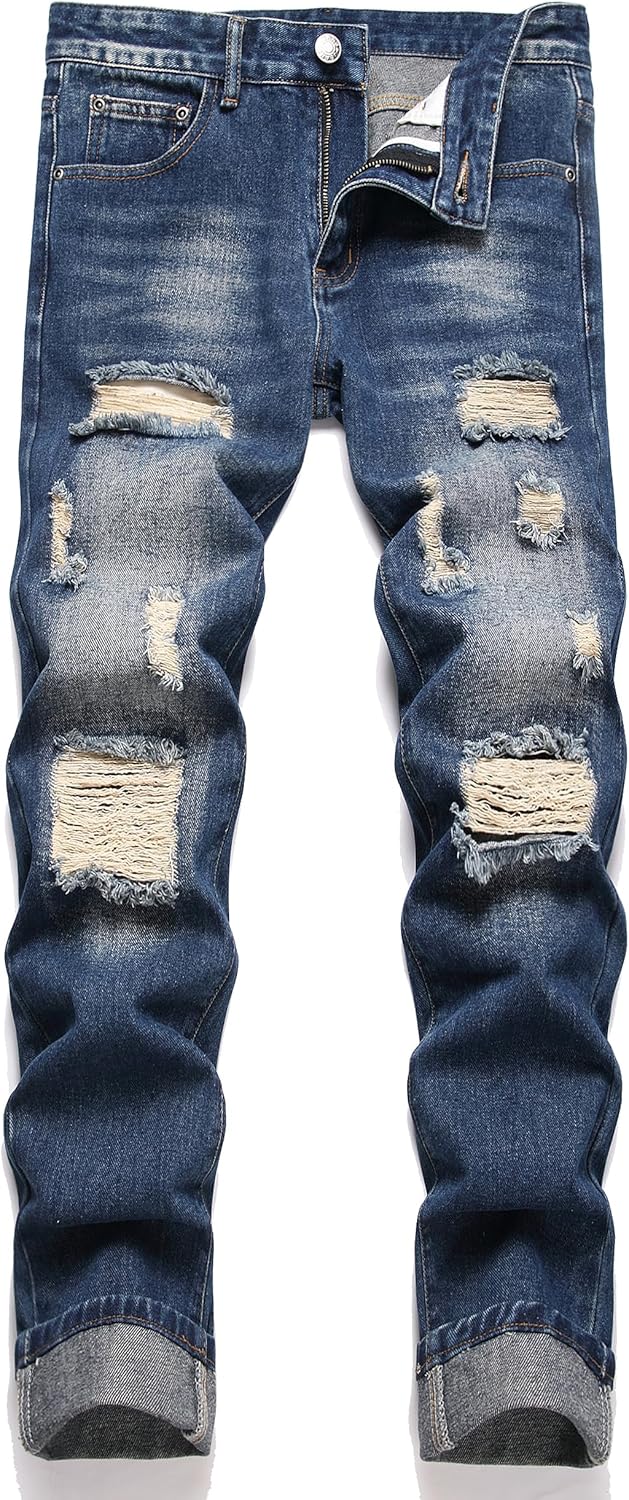 OIIIO Men's Ripped Slim Fit Straight Leg Jean Denim Pant 36 30039 Blue
