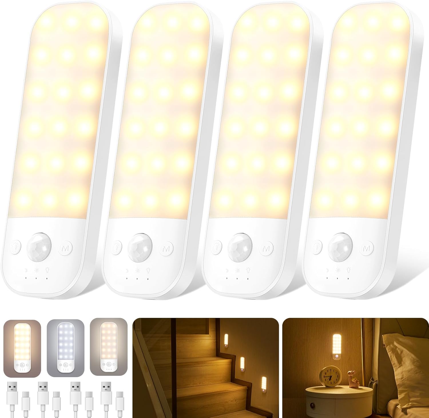 Ledronix Motion Sensor Lights Indoor, 4 Pack USB Rechargeable LED Night Light wi...