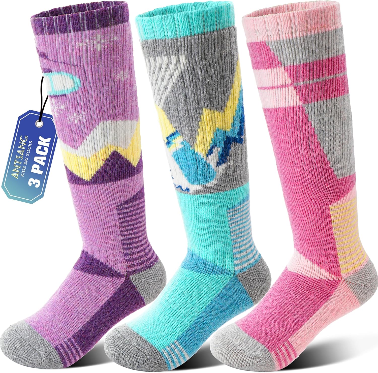 ANTSANG 3 Pairs Kids Merino Wool Ski Socks Boys Girls Thermal Thick Warm Winter...