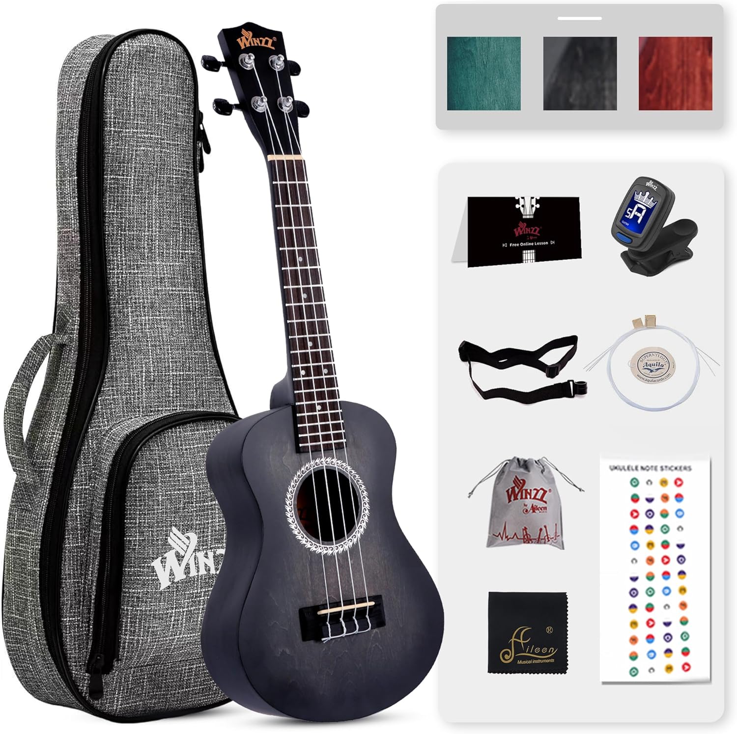 WINZZ HAND RUBBED Series - Concert Ukulele Vintage Hawaiian with Bag, Tuner, Str...