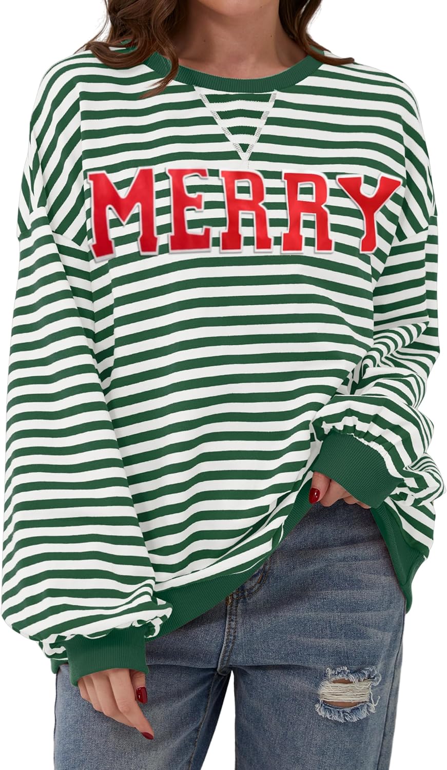 Women Oversized Striped Color Block Long Sleeve Crew Neck Sweatshirt Casual Loos...