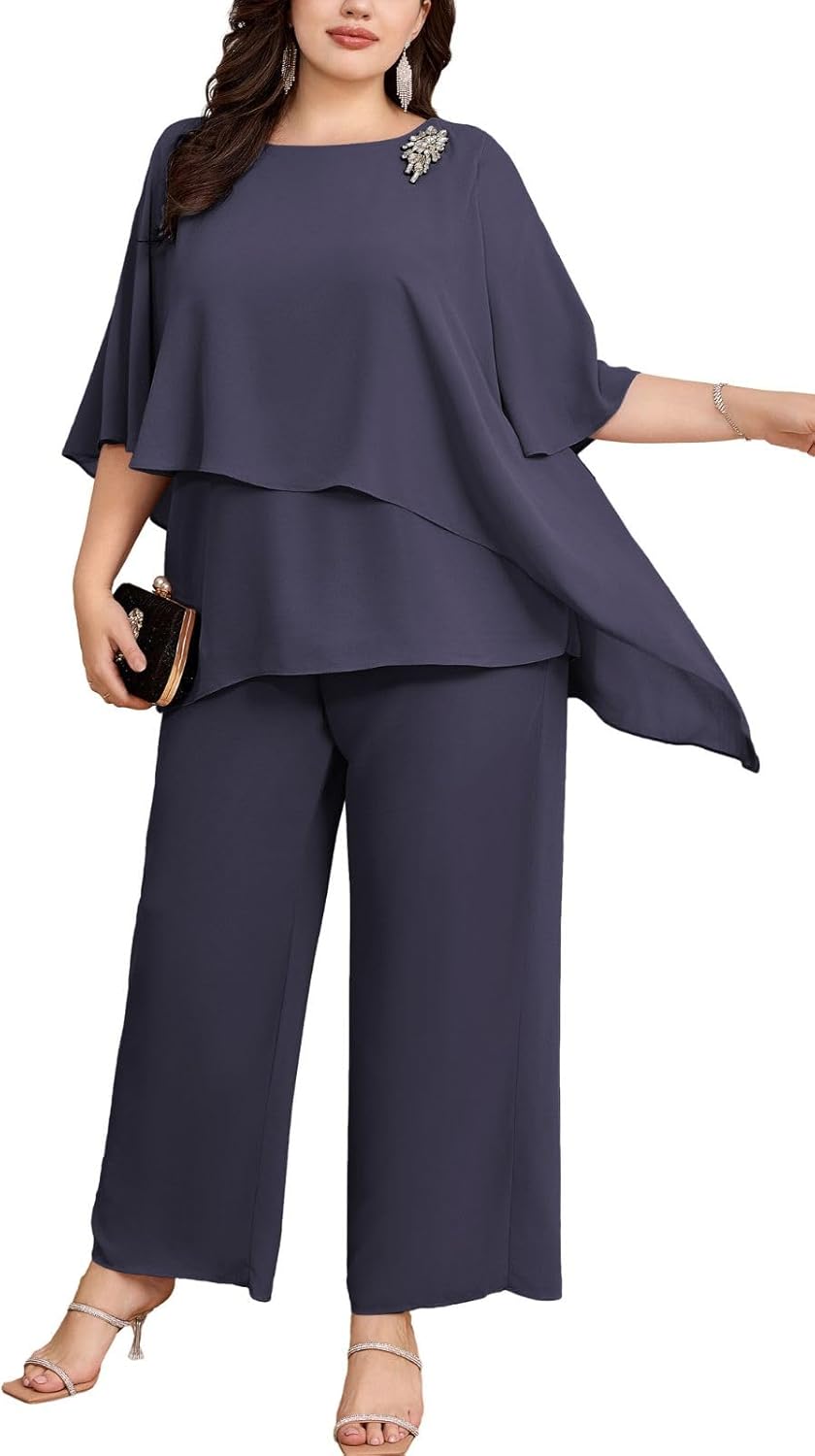 Hanna Nikole Plus Size Mother of Bride Pant Suits 2 Piece Chiffon Sets Ruffle La...