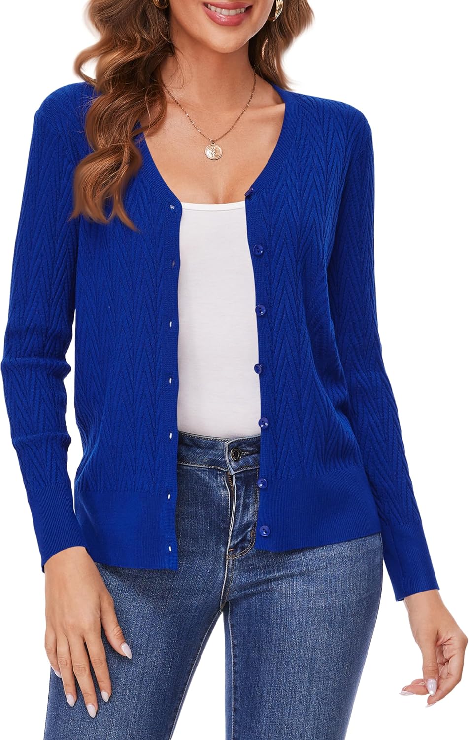 Women's V Neck Button Down Long Sleeve Cardigan Sweater 2405-blue Small