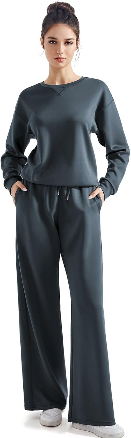 SUUKSESS Women Modal Fall 2 piece outfits Oversized Sweatshirt Wide Leg Pants Gr...