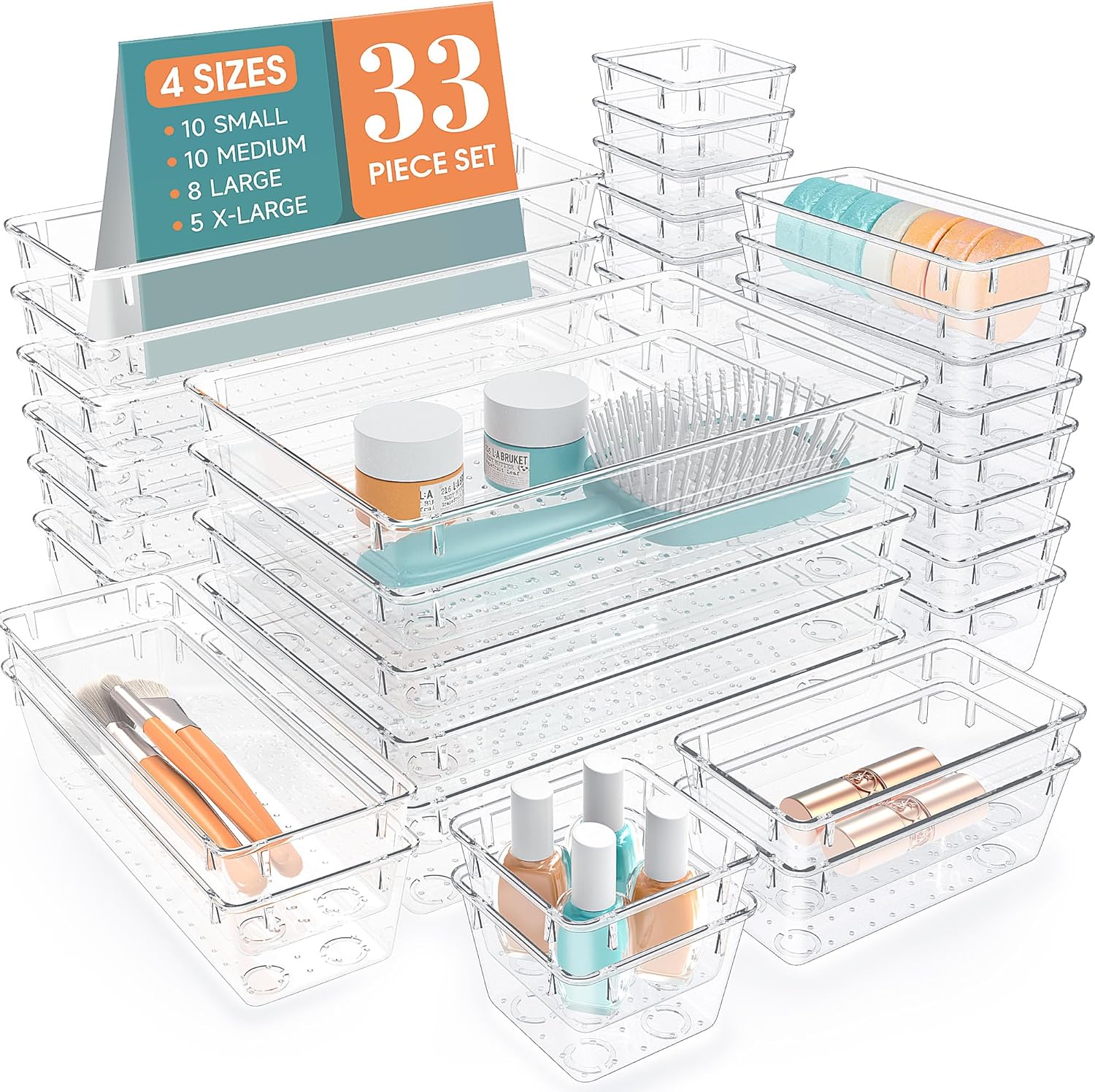 33 PCS Clear Plastic Drawer Organizers Set, 4 Size Desk Drawer Organizer Trays f...