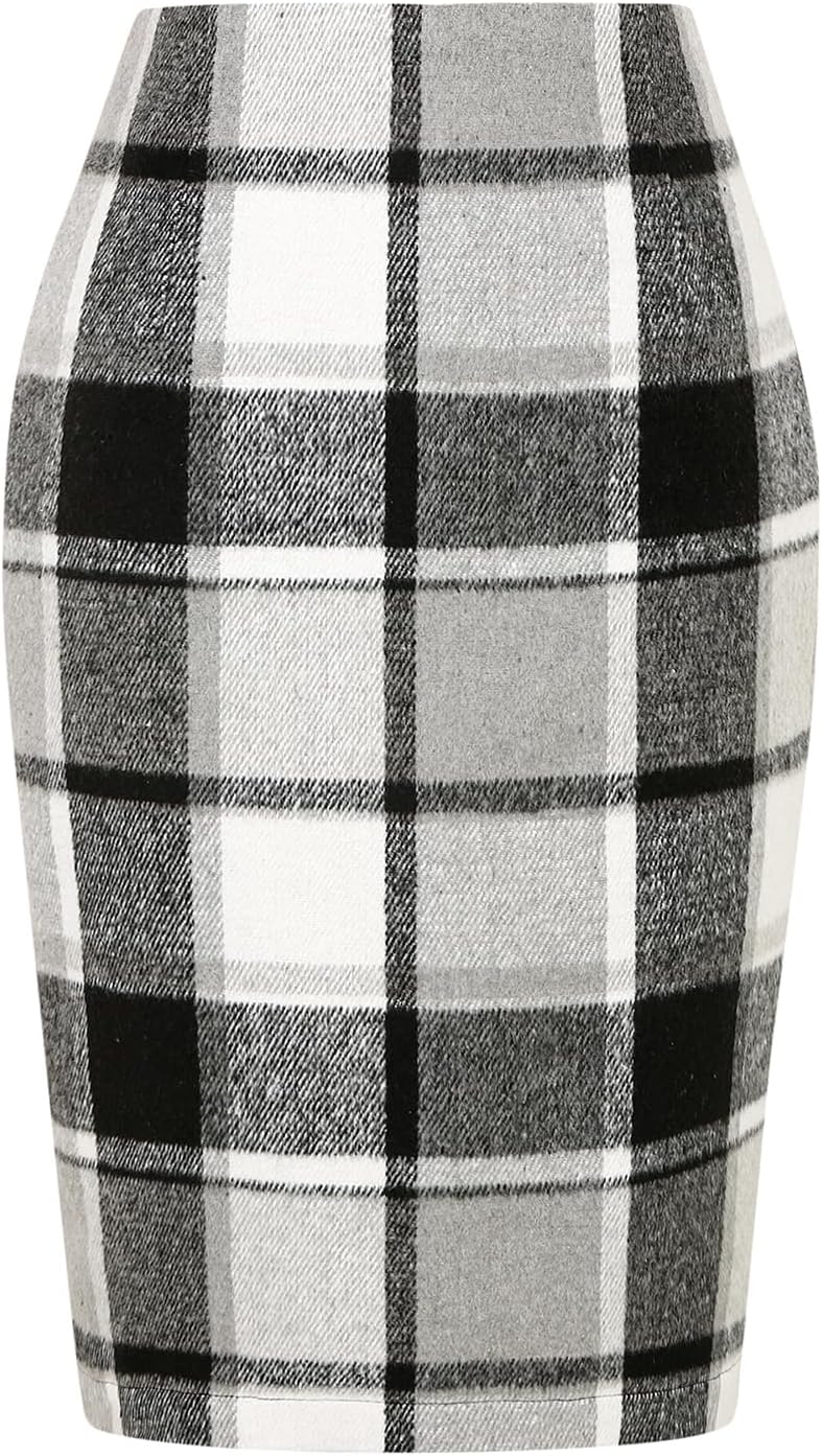 IDEALSANXUN Midi Plaid Skirts for Women Fall Winter Knee Length Pencil Wool Skir...