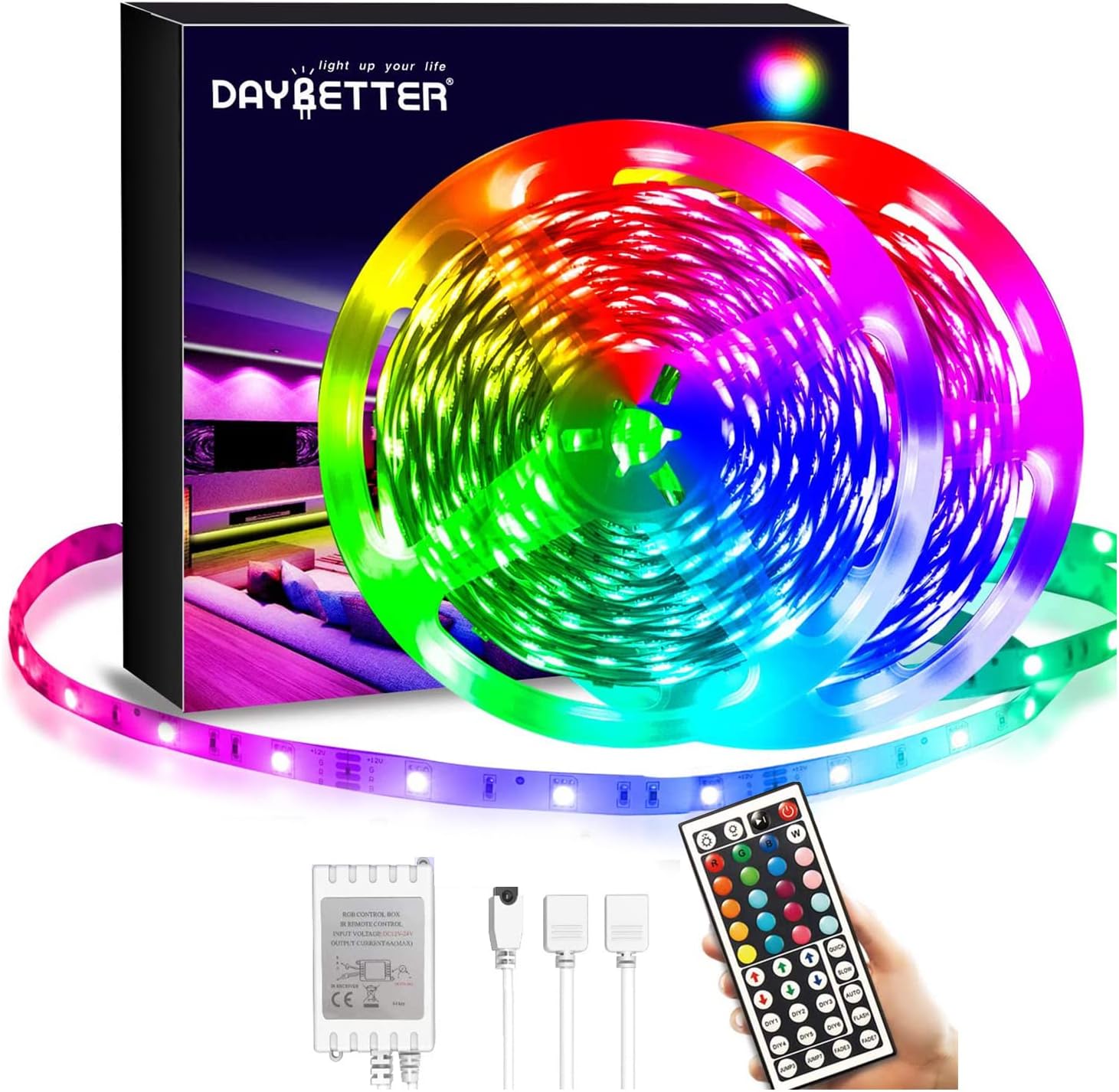 DAYBETTER Led Strip Lights 40ft, RGB Color Changing Led Strips with 44 Keys Remo...
