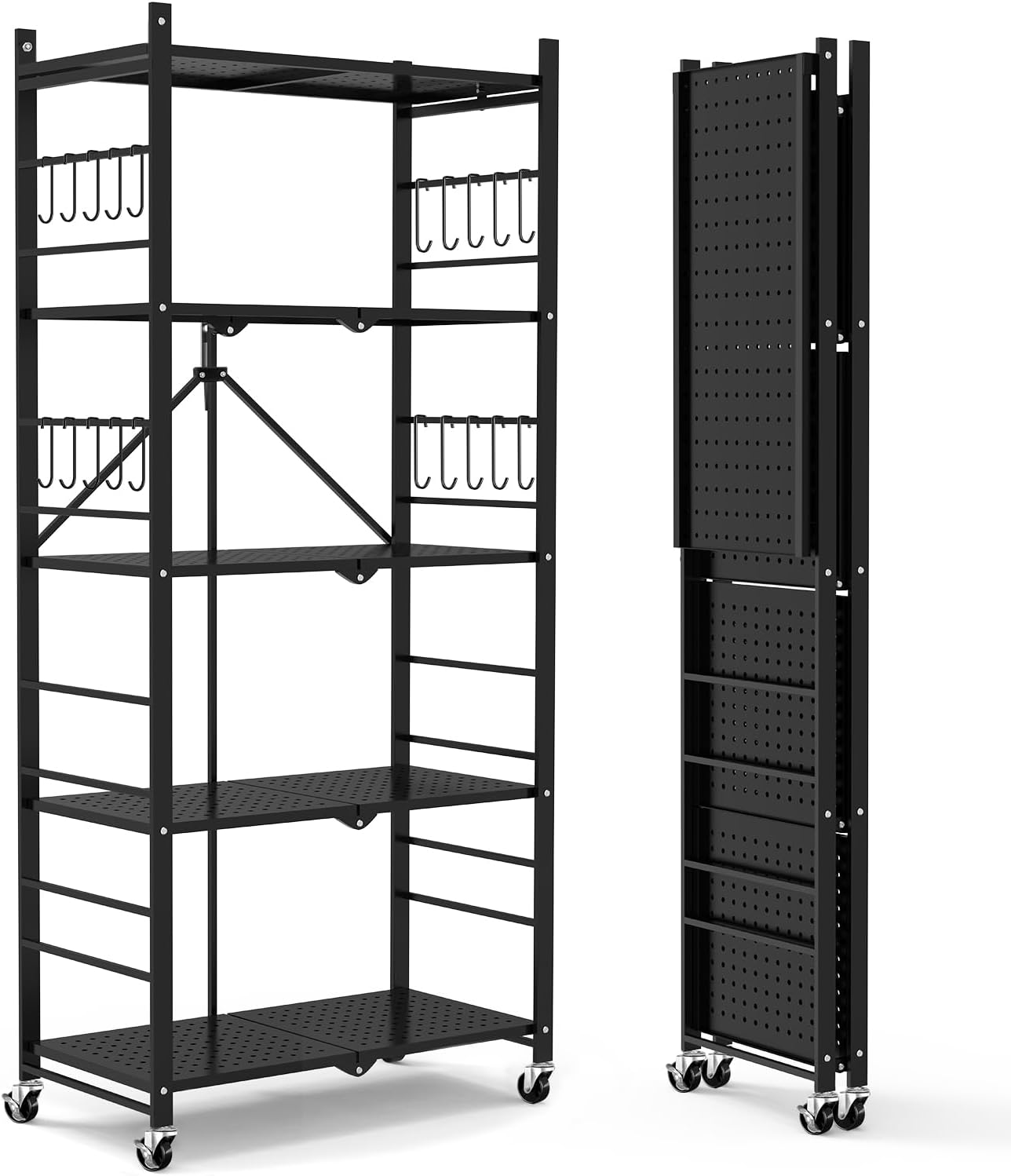 Himix Storage Shelves with 20 Hooks, 5-Tier Collapsible Organization Storage Rac...