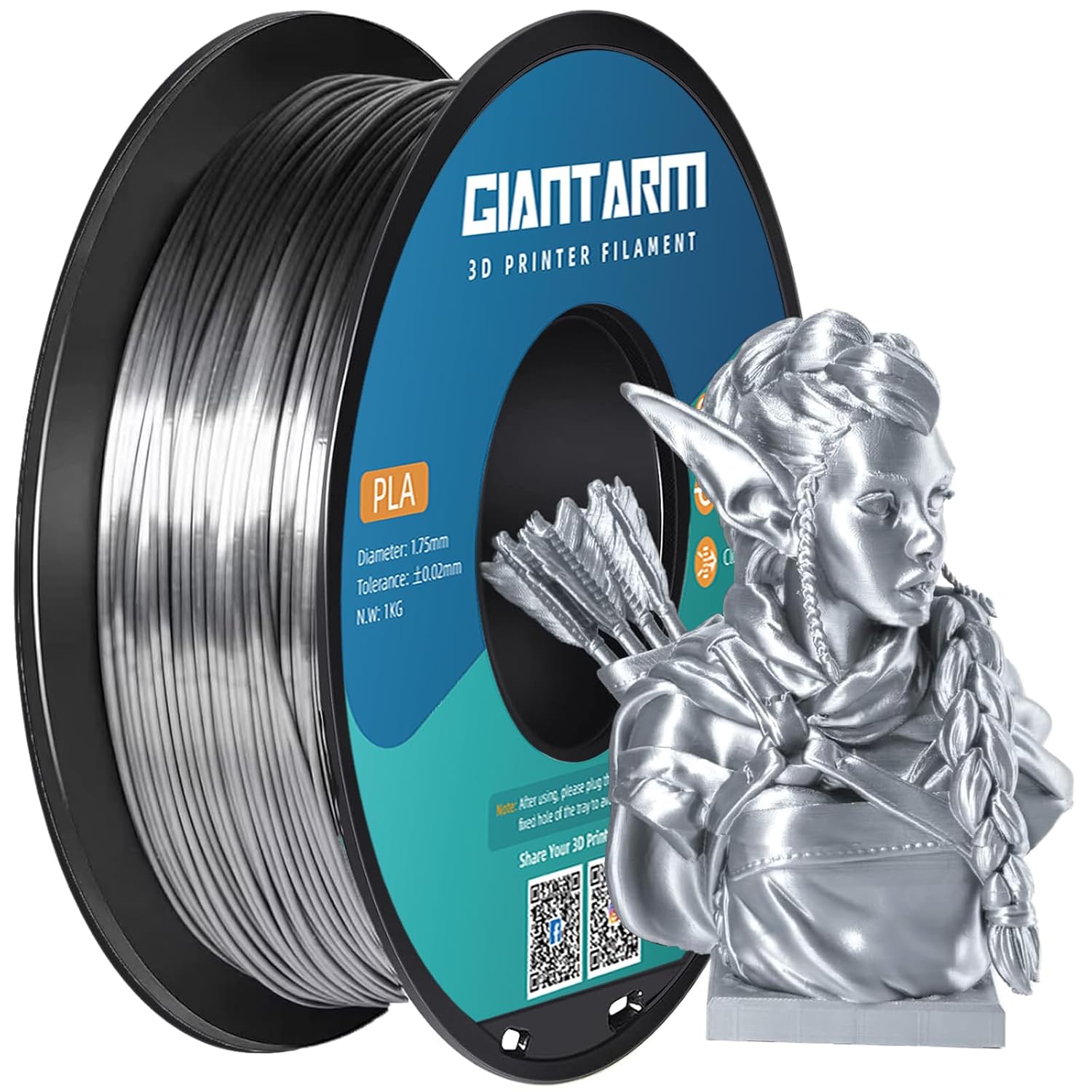 GIANTARM Filament PLA 1.75mm Silk Silver,3D Printer PLA Filament 1kg Spool… Silv...