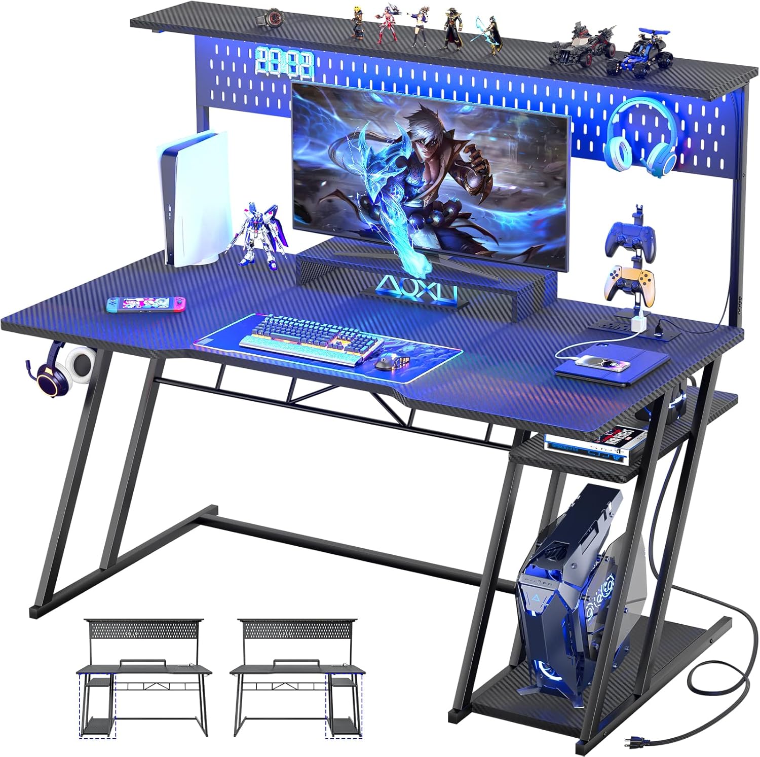 armocity Gaming Computer Desk with Hutch and LED Lights, 55'' Black Gaming Desk...