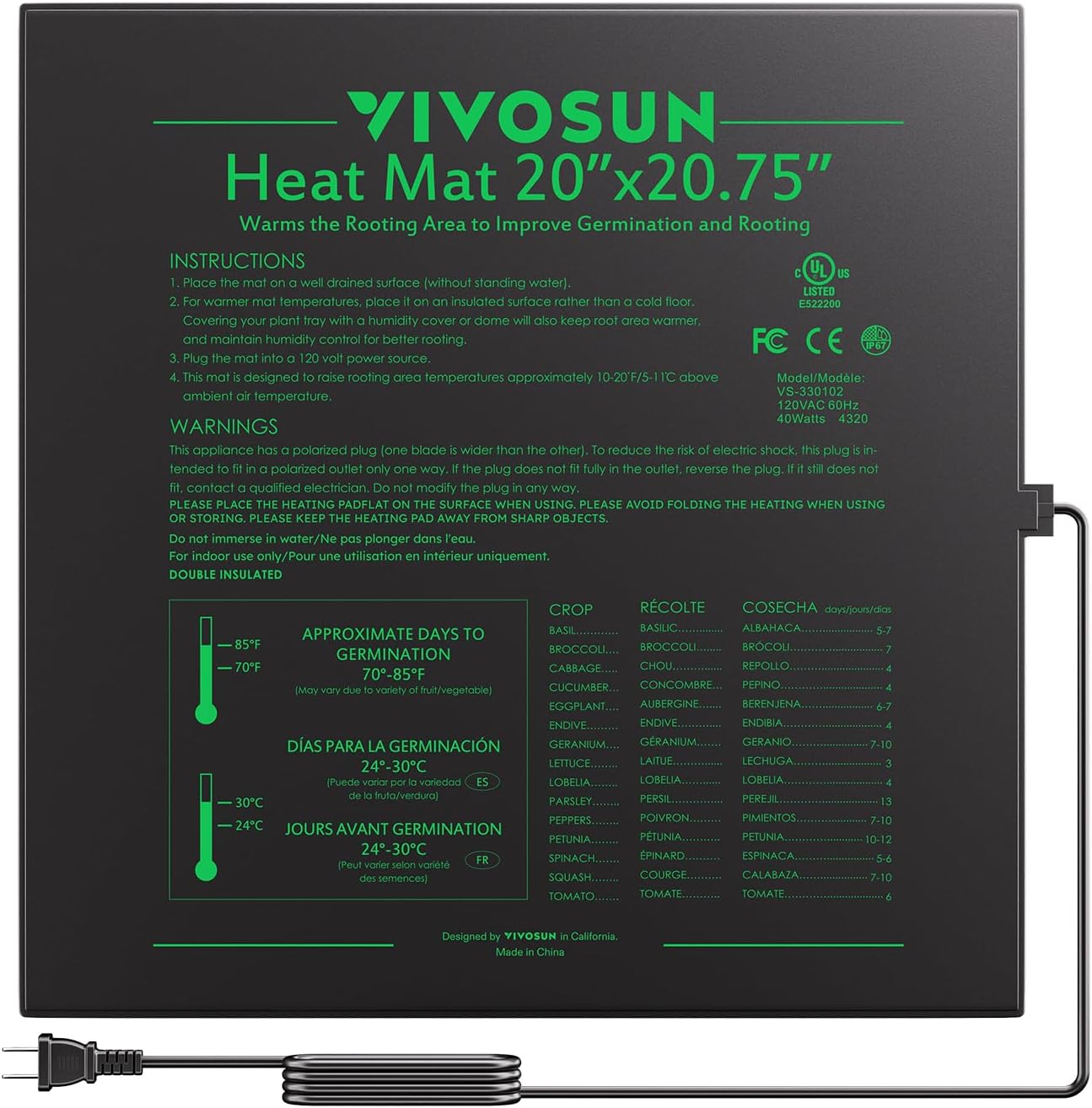 VIVOSUN Durable Waterproof Seedling Heat Mat 20" x 20.75" UL & MET-Certified War...