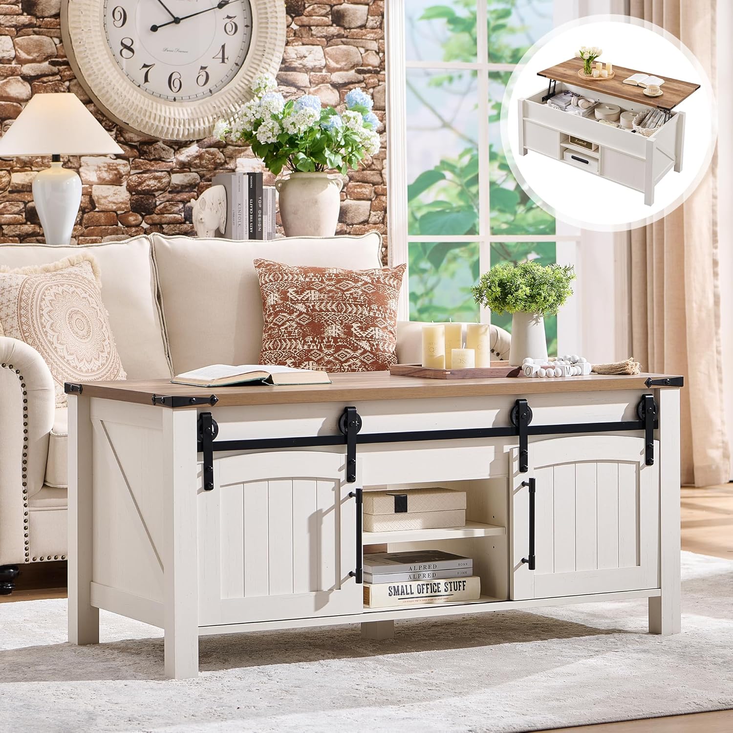 OKD Farmhouse Lift Top Coffee Table with Sliding Door, 48" Large Rustic Center T...