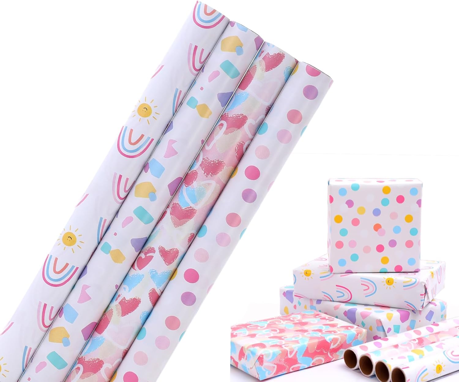 HBell Wrapping Paper Rolls,4 Rolls Birthday Wrapping Paper 43cm x 3M,Love Rainbo...