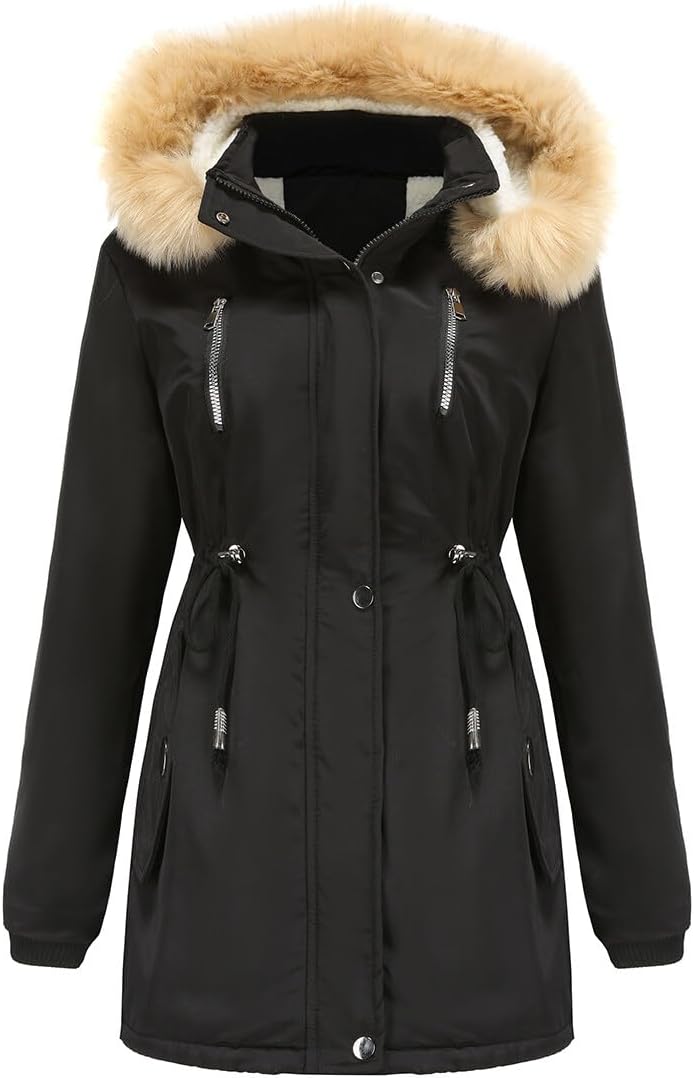 YFFUSHI Women Warm Faux Fur Hooded Jacket Long Sleeves Fleece Lined Winter Coat...