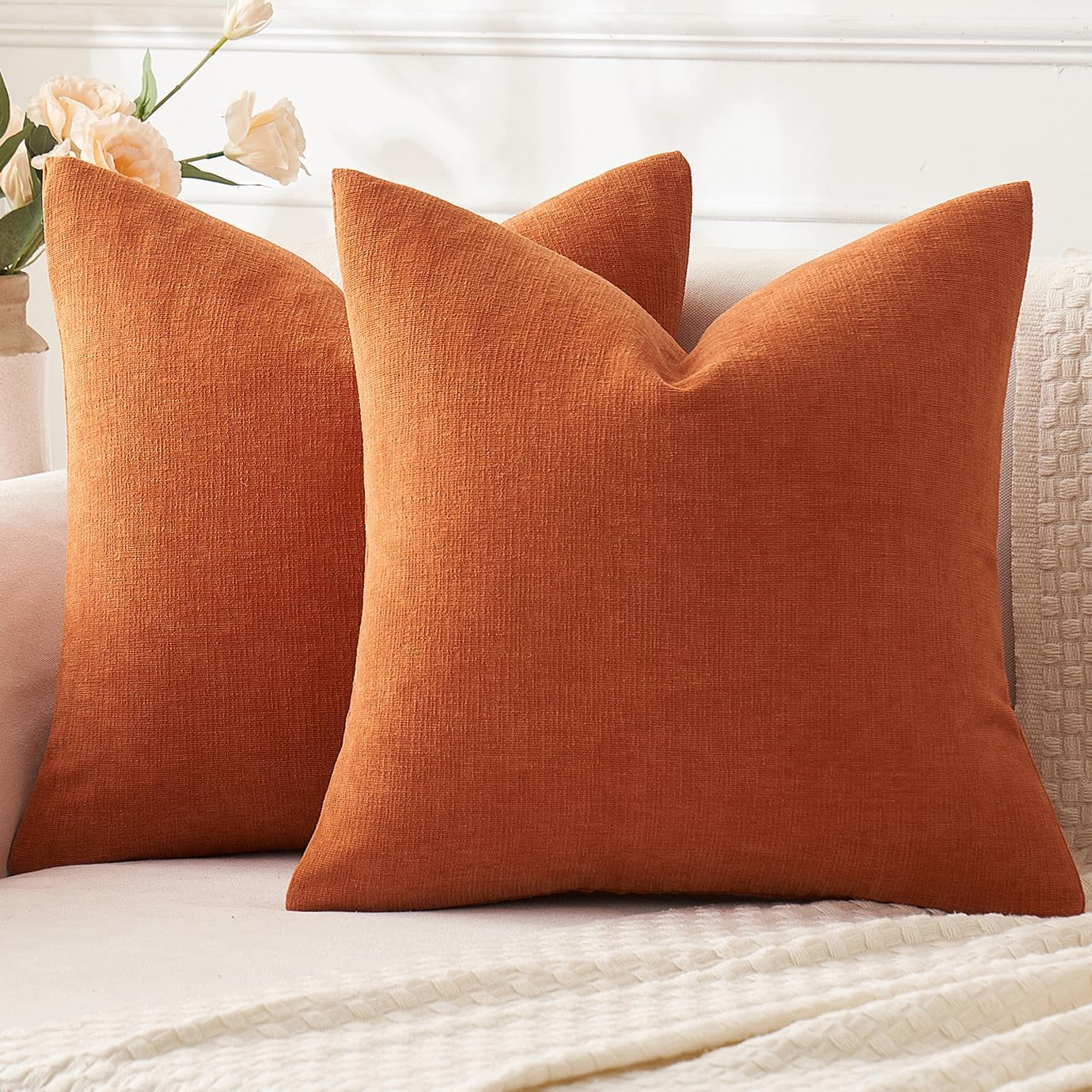 MIULEE Burnt Orange Couch Pillow Covers 18x18 Inch, Set of 2 Soft Chenille Decor...