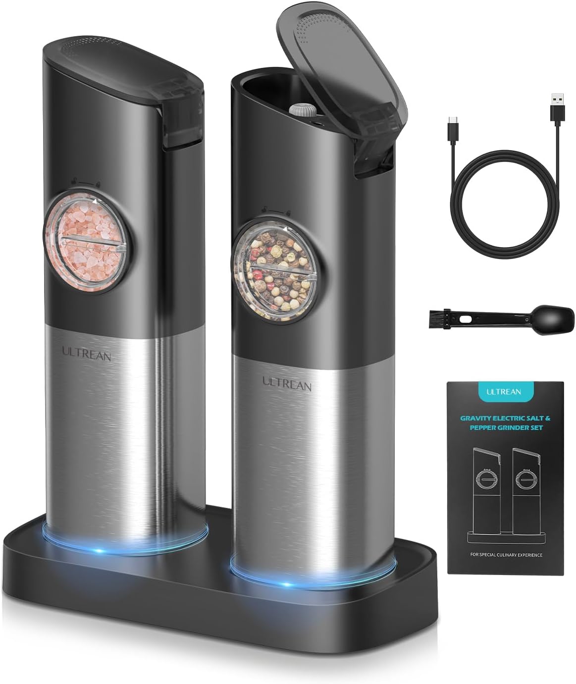 Ultrean Gravity Electric Salt and Pepper Grinder Set - USB Rechargeable With Dua...