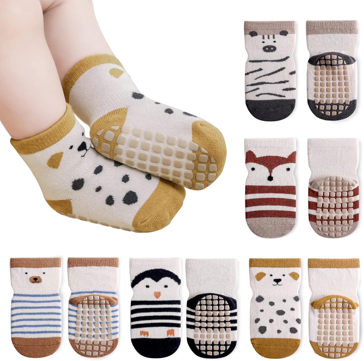 Auranso Baby Socks 5 Pairs Boys Non Slip Grip Socks Kids Girls Cotton Cartoon An...