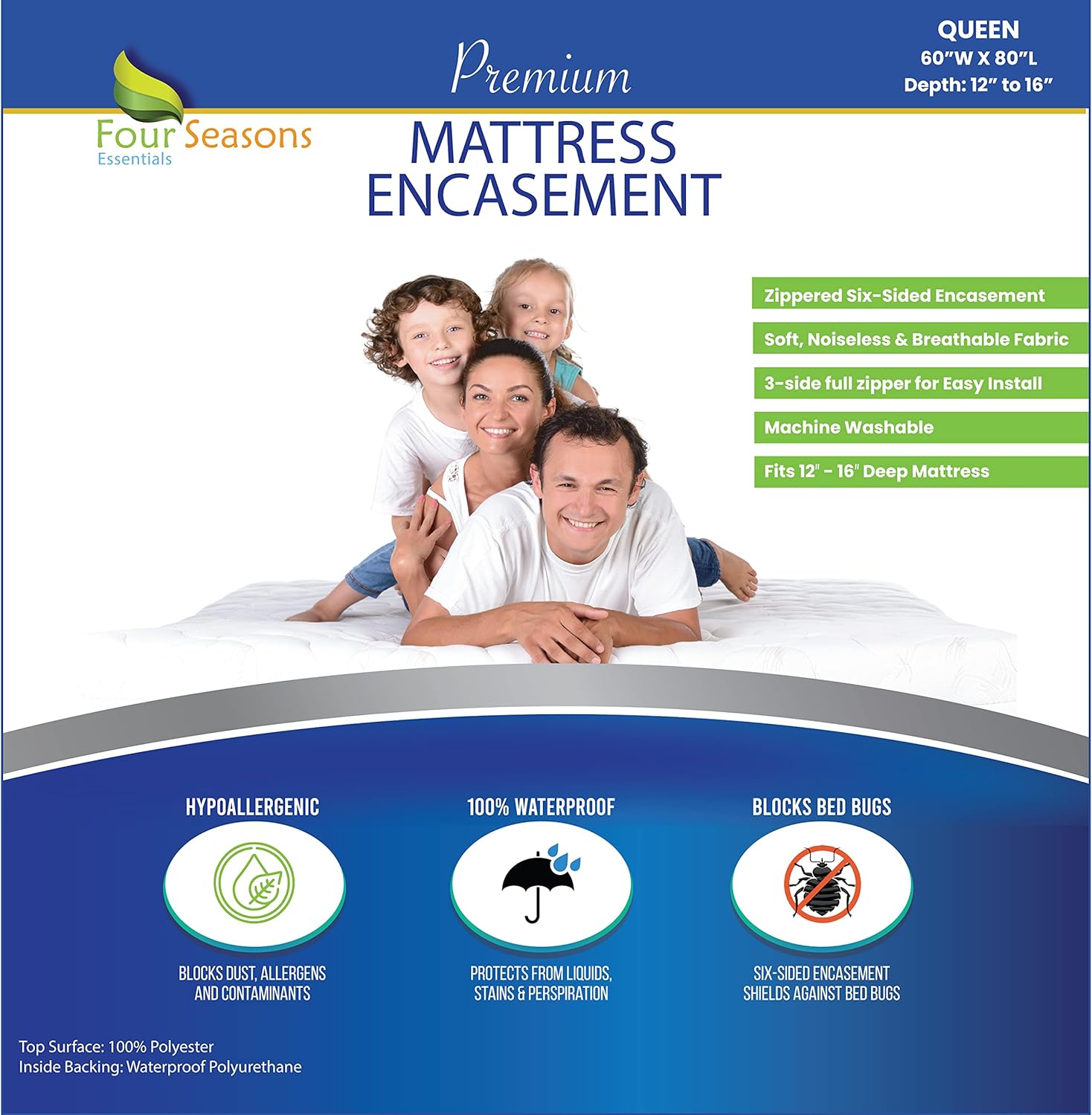 Four Seasons Essentials Queen Mattress Protector - Zippered Bedbug Waterproof Ma...