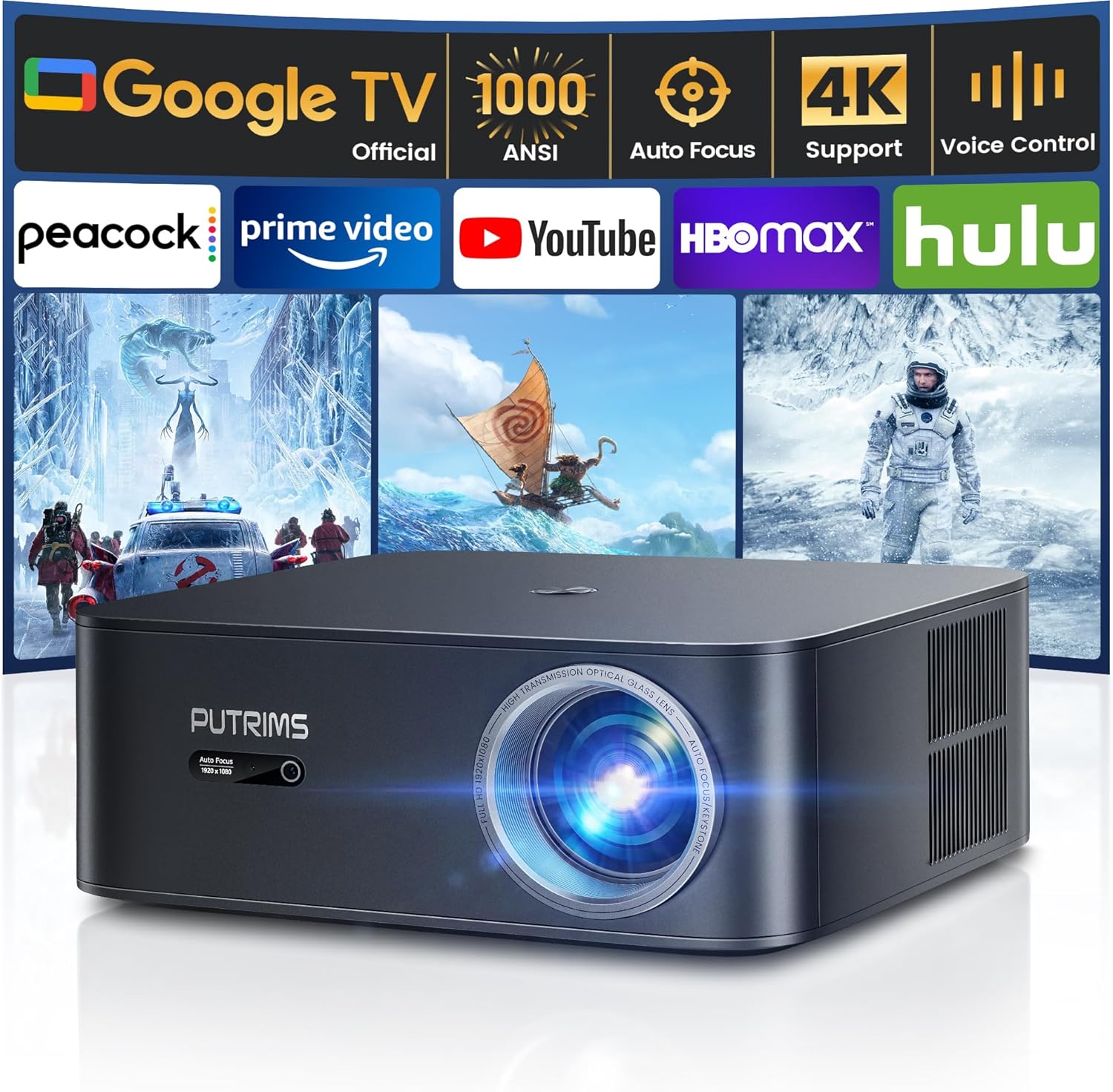 [1000 ANSI/Google TV]Smart Projector with WiFi 6 and Bluetooth, Netflix-Licensed...