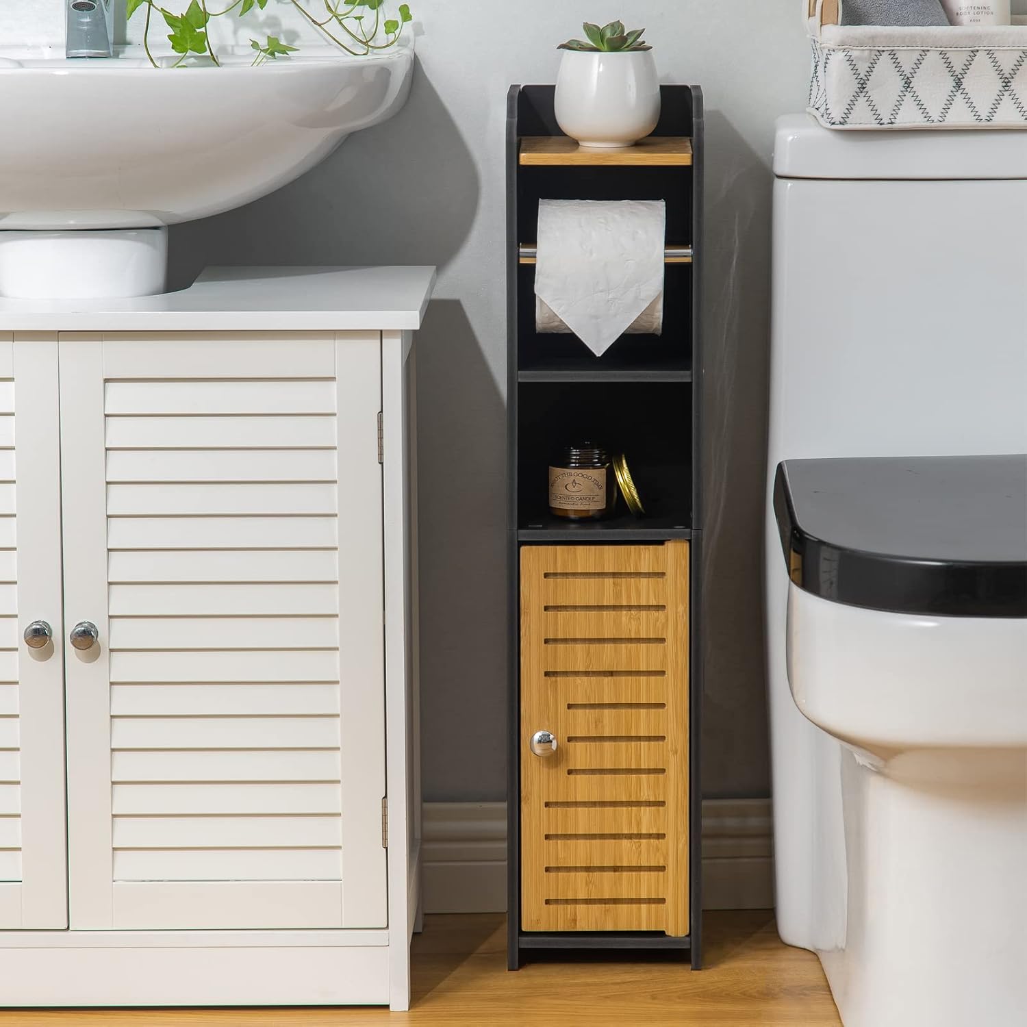 AOJEZOR Toilet Paper Holder Stand: Small Bathroom Storage Cabinet - Black - Bamb...