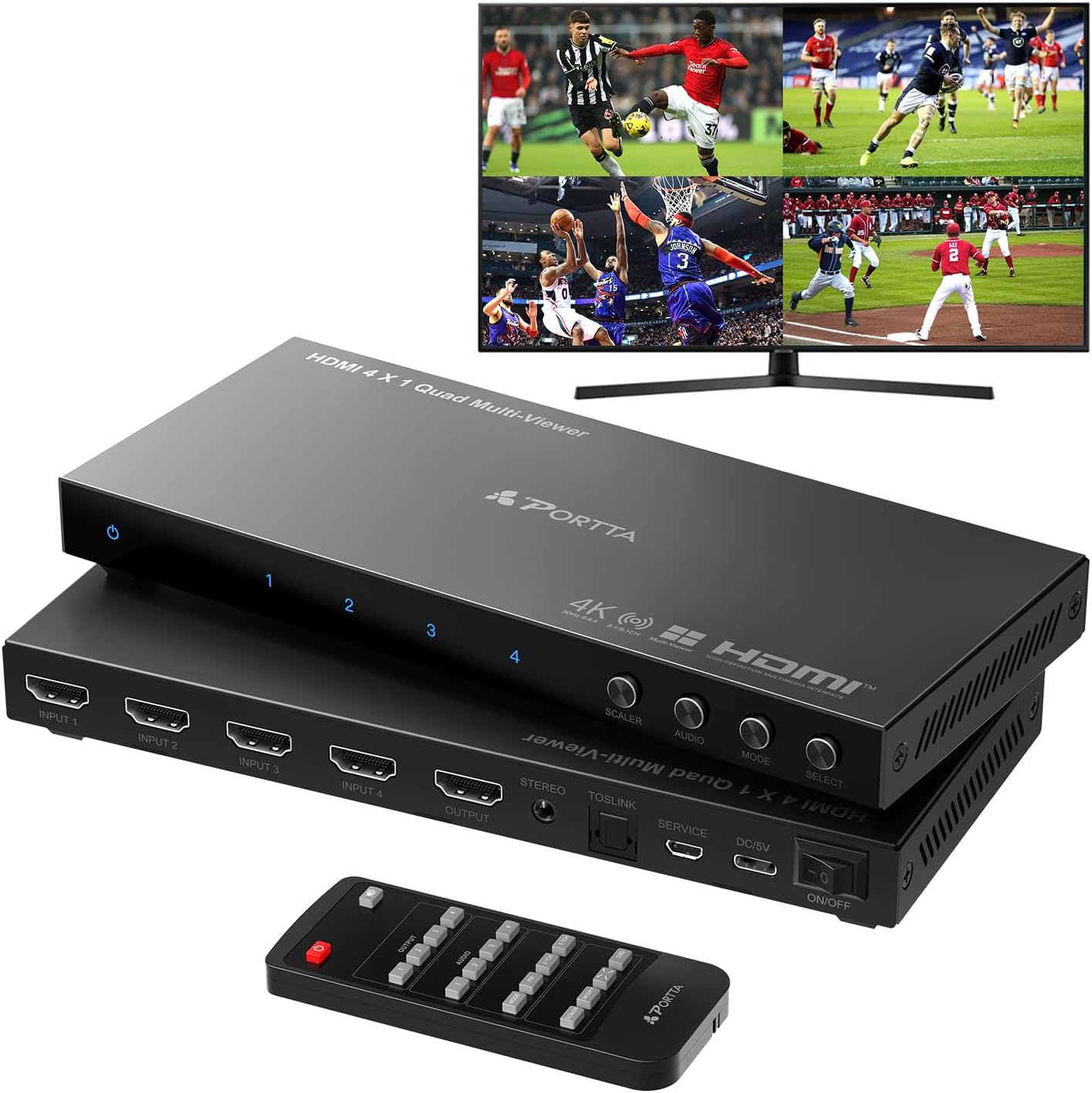 4K HDMI Multiviewer Switch 4x1 with PIP, PORTTA Quad Multi Viewer Seamless Switc...