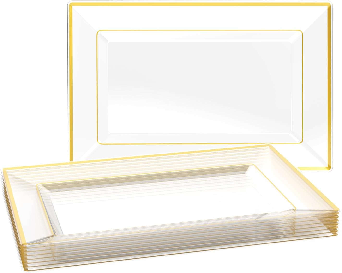 FOCUSLINE 8 PCS Plastic Serving Trays for Party, Clear and Gold Rim Serving Plat...