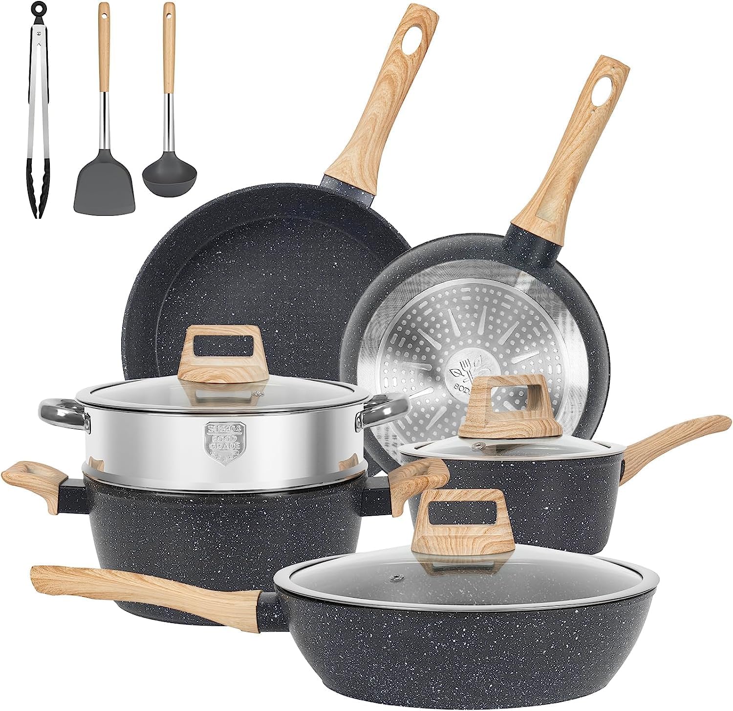 12 Pcs Pots and Pans Set, Nonstick Cookware Sets Black Granite Induction Cookwar...