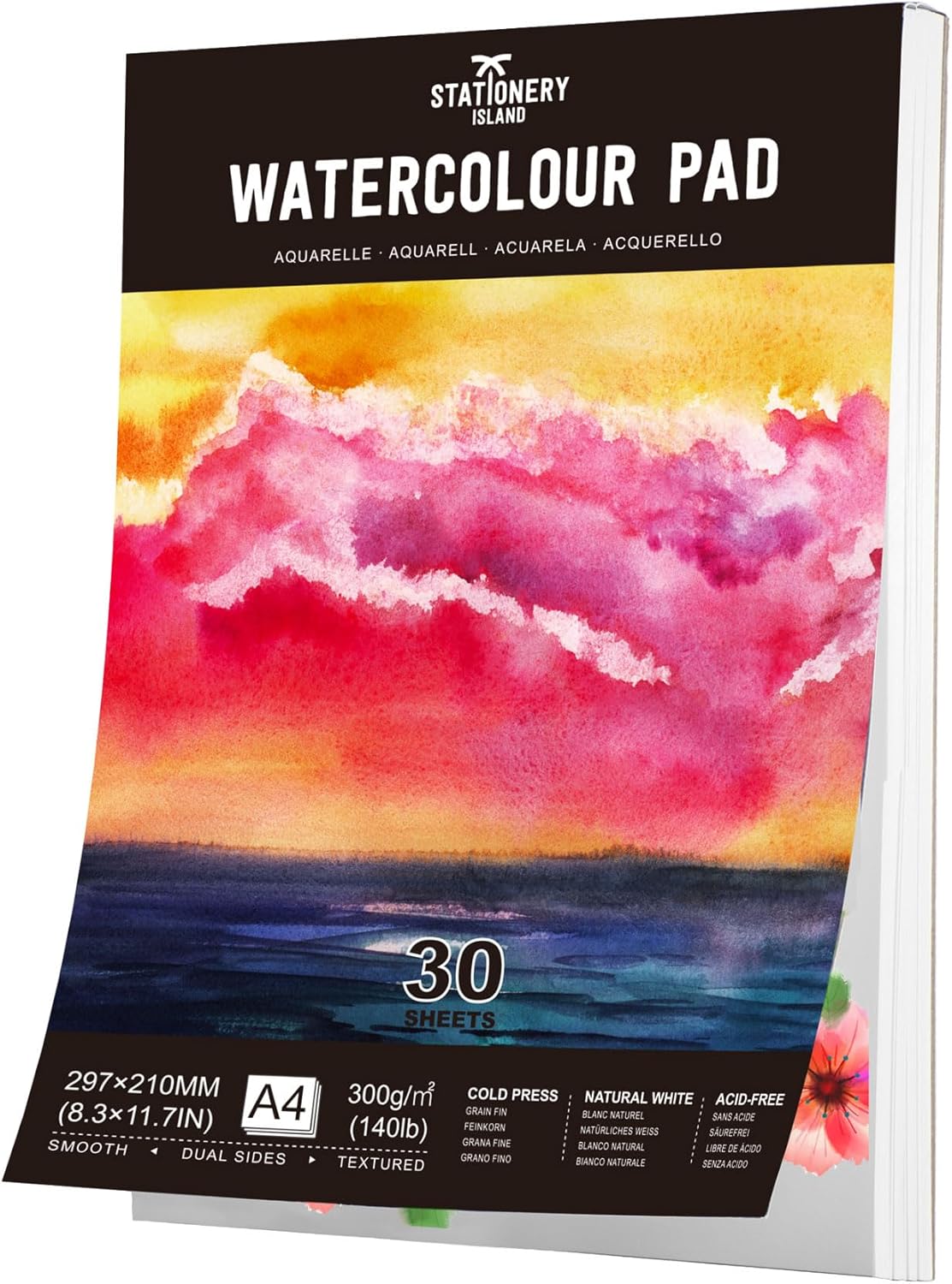 STATIONERY ISLAND Watercolour Paper A4 Pad, 30 Sheets Water Colour Paper 300gsm,...