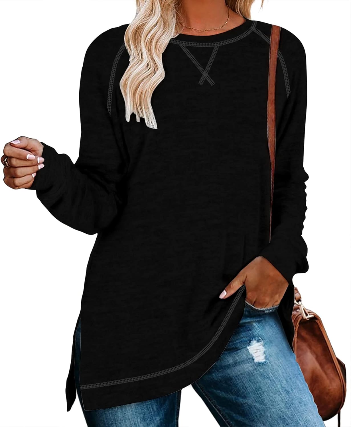 NILOUFO Womens Long Sleeve T Shirts Casual Blouses Trendy Tops Side Split Tunics...