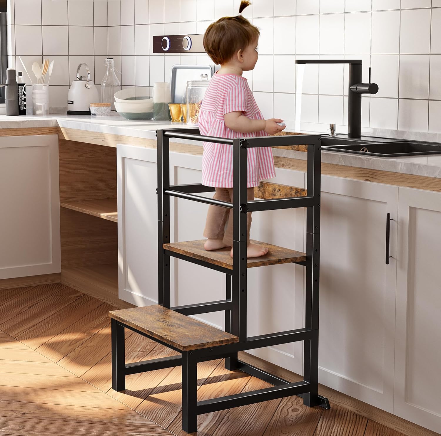 Kitchen Step Stool for Toddlers, Height Adjustable Toddler Tower with Safety Rai...