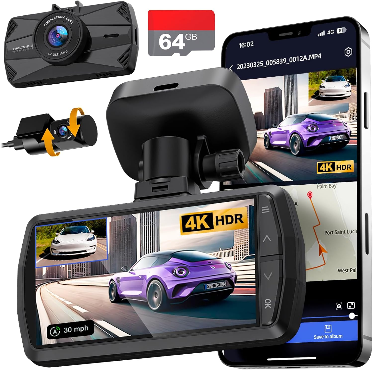Dash Cam Front and Rear, Real 4K+1080P Dual Dash Cam, Built-in WiFi GPS, 3.3 Inc...