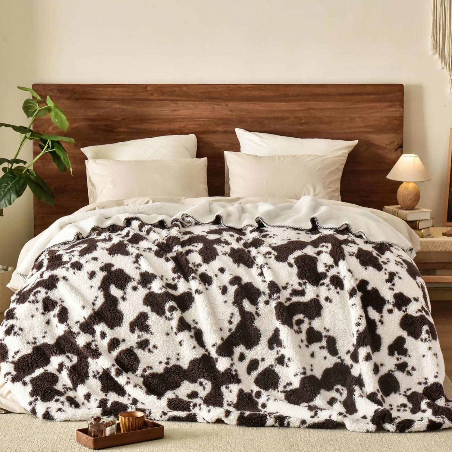 PHF Cute Cow Print Sherpa Blanket King Size for Women Men Adults, Reversible Thi...