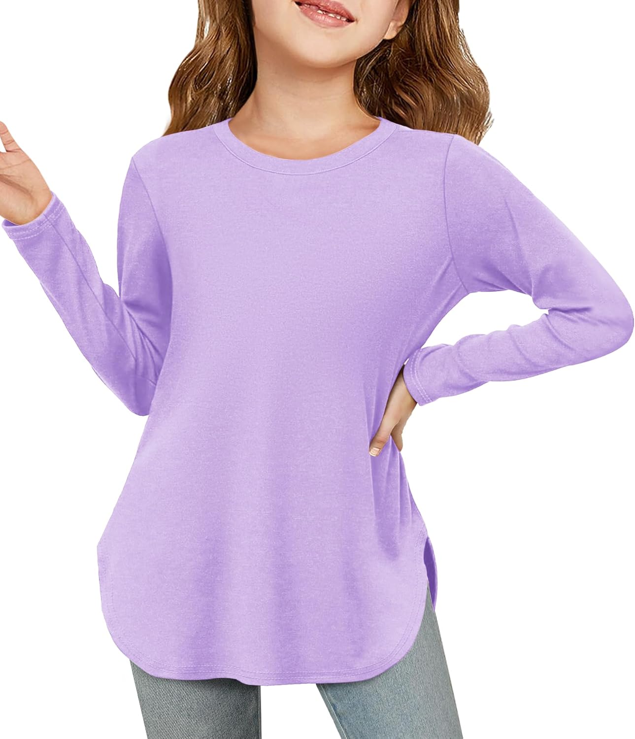 Haloumoning Girls Long Sleeve Shirts Kids Curve Hem Side Slit Soft Tunic Tops T-...