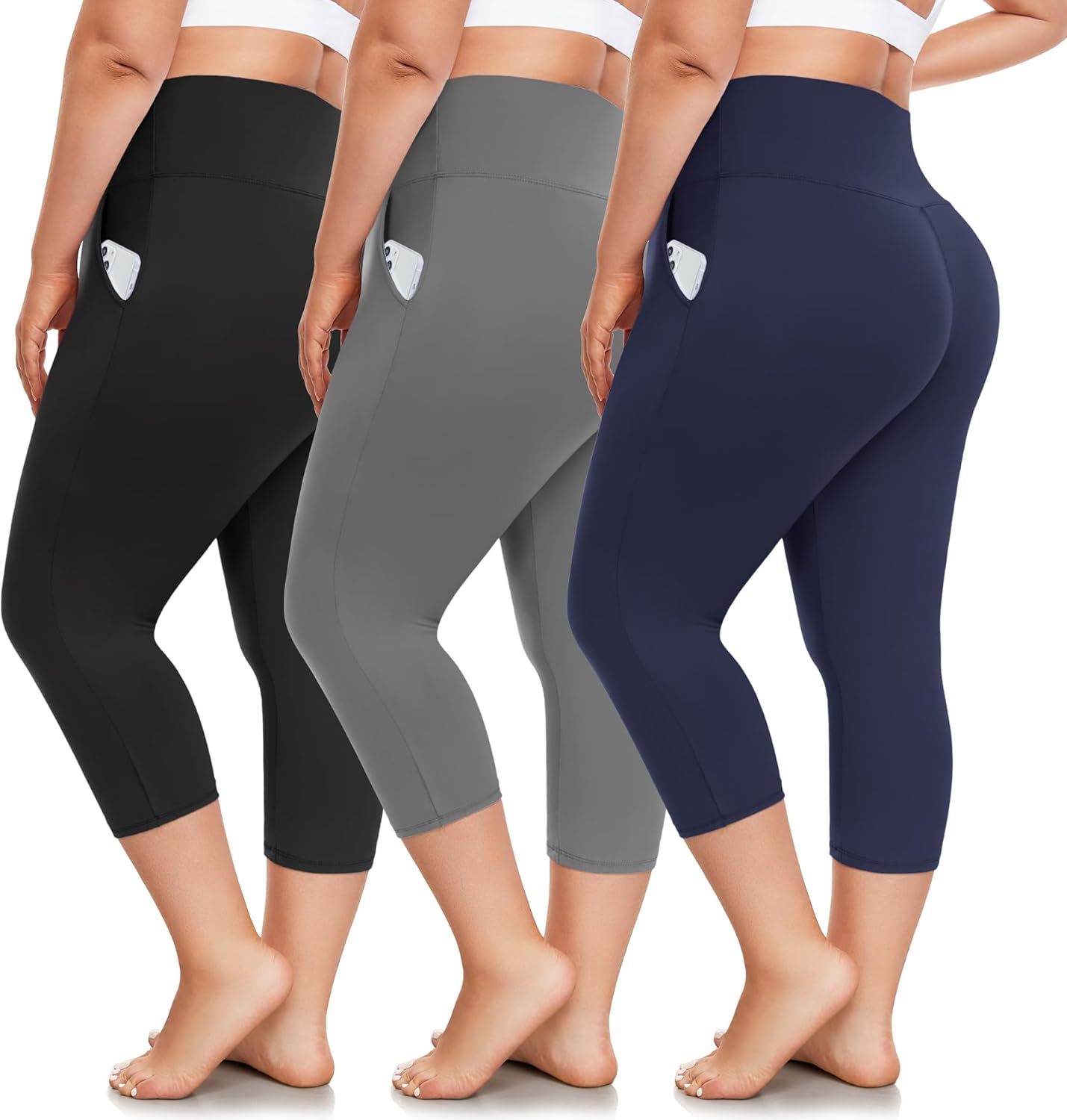 FULLSOFT 3 Pack Plus Size Capri Leggings with Pockets for Women -High Waist Stre...
